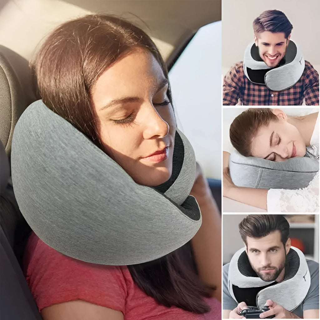 Navy blue U-shaped travel neck pillow with memory foam filling shown rolled and in its carry bag