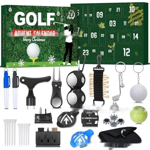 Golf advent calendar 24-piece plastic and silicone decoration set, 28x30x6cm, in colour box packaging