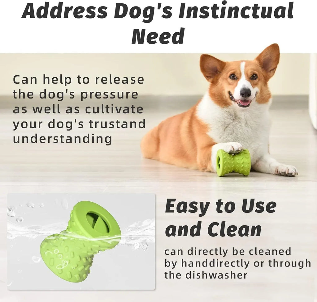 Interactive treat dispensing dog bone toy in blue, green, or purple for aggressive chewers with hollow design
