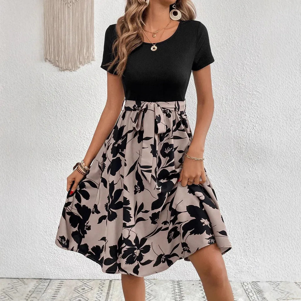 Women's khaki A-line dress with plant pattern printing and shoulder strap detail