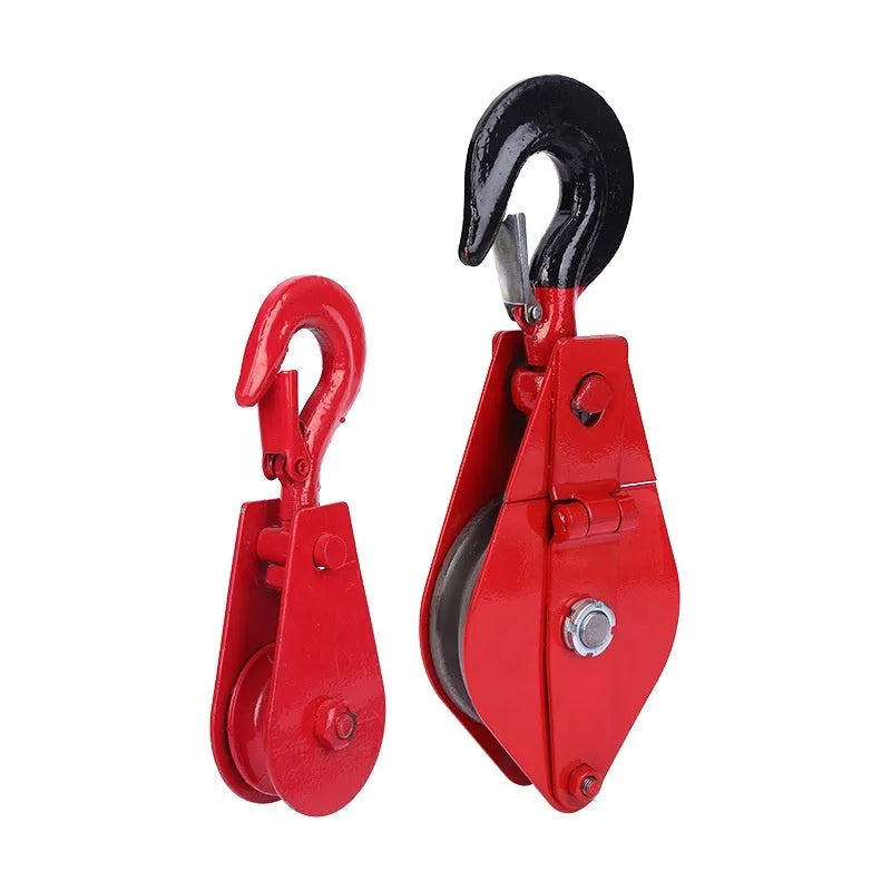 Red or galvanised lifting pulley with safety latch and forged steel hook for industrial use.