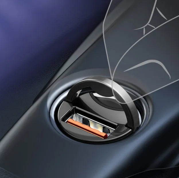 Baseus electro-optical grey 30W PPS fast car charger with 1-metre USB-C cable beside car 12V socket