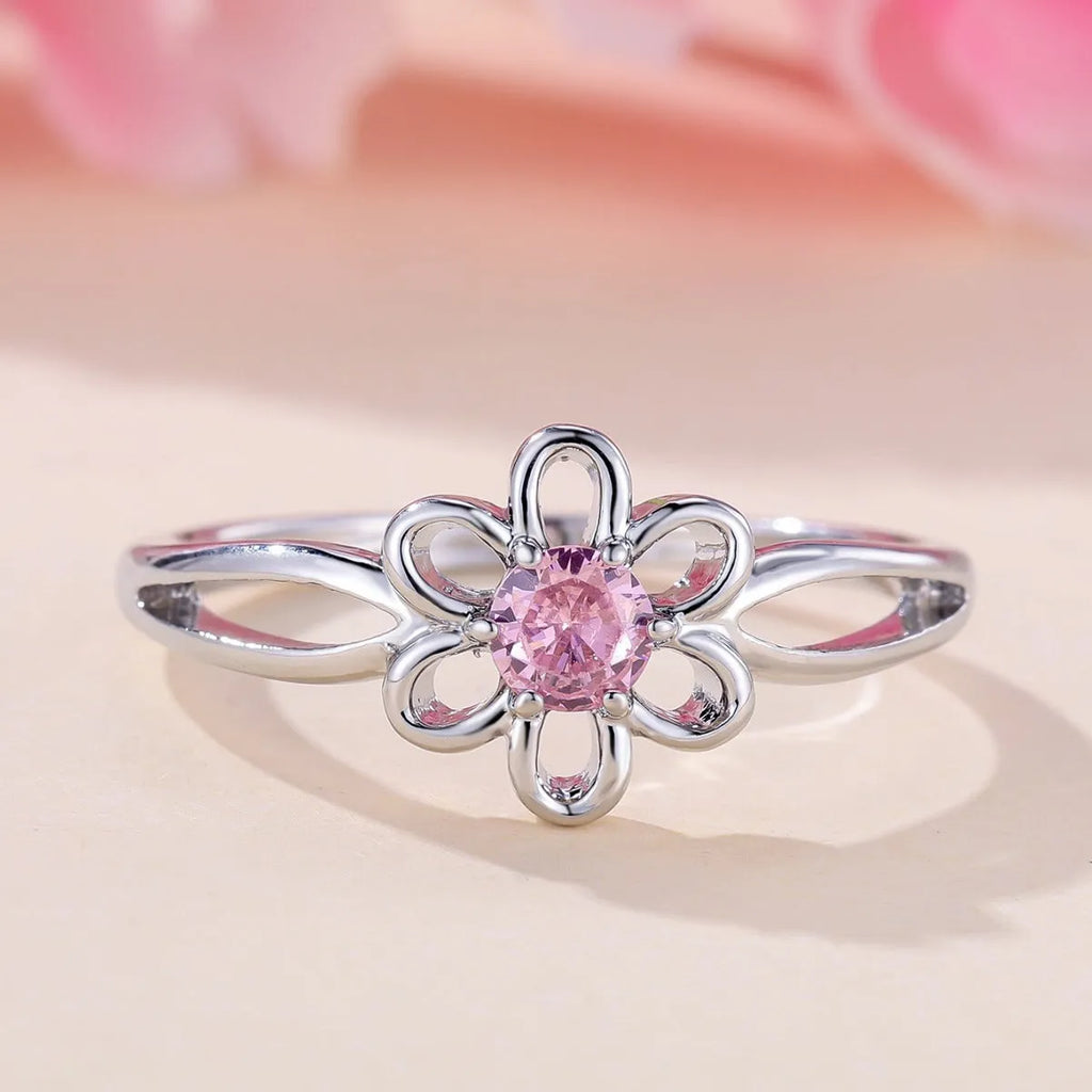 Women's copper fashion ring with hollowed flower design in platinum pink diamond colour