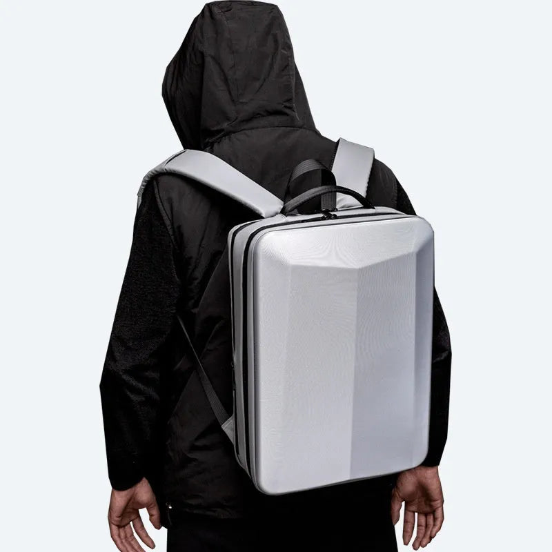 Waterproof business backpack with curved shoulder strap, 20-35L capacity, available in black and silver white colours