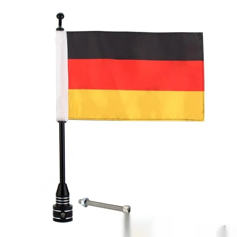 Aluminium alloy flagpole mount for motorcycle luggage rack in black and silver finishes.