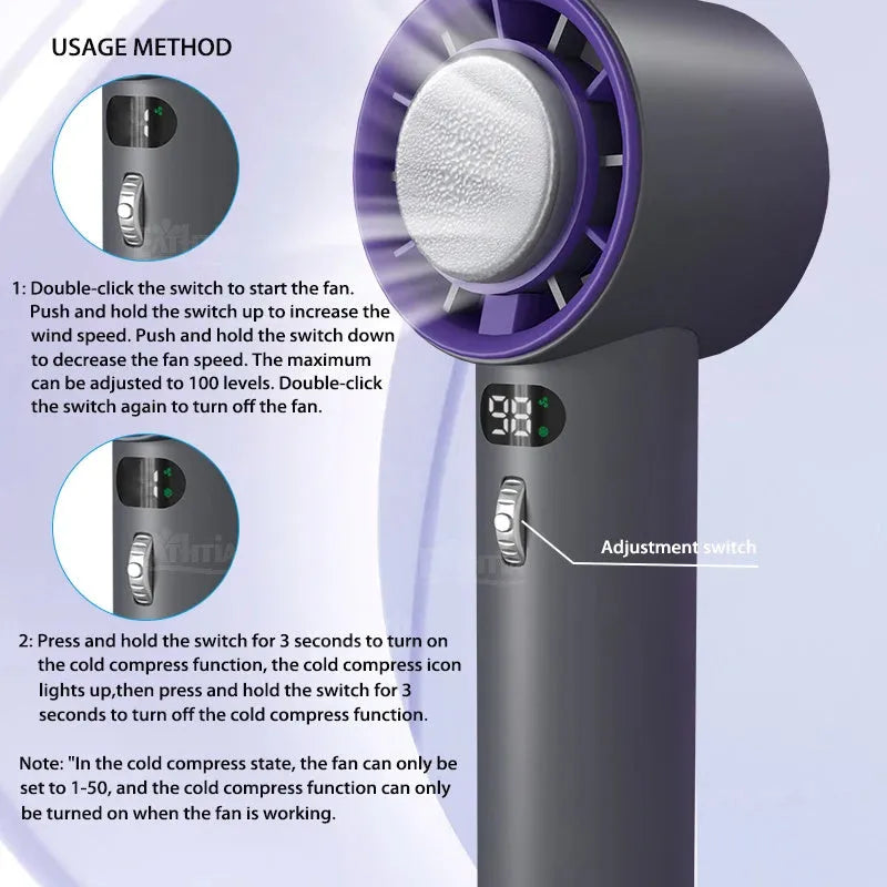 White and grey portable handheld turbo fan with semiconductor cooling and adjustable speeds.