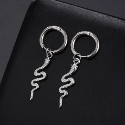 Gold plated stainless steel snake-shaped vintage earrings with detailed scale patterning and clip back closure