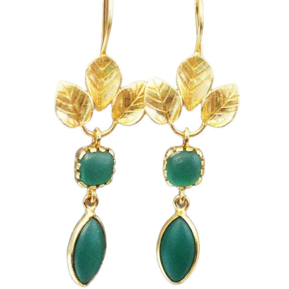 Gold-coloured copper drop earrings with zircon stones, tassel, and leaf motifs in a retro water droplet design.