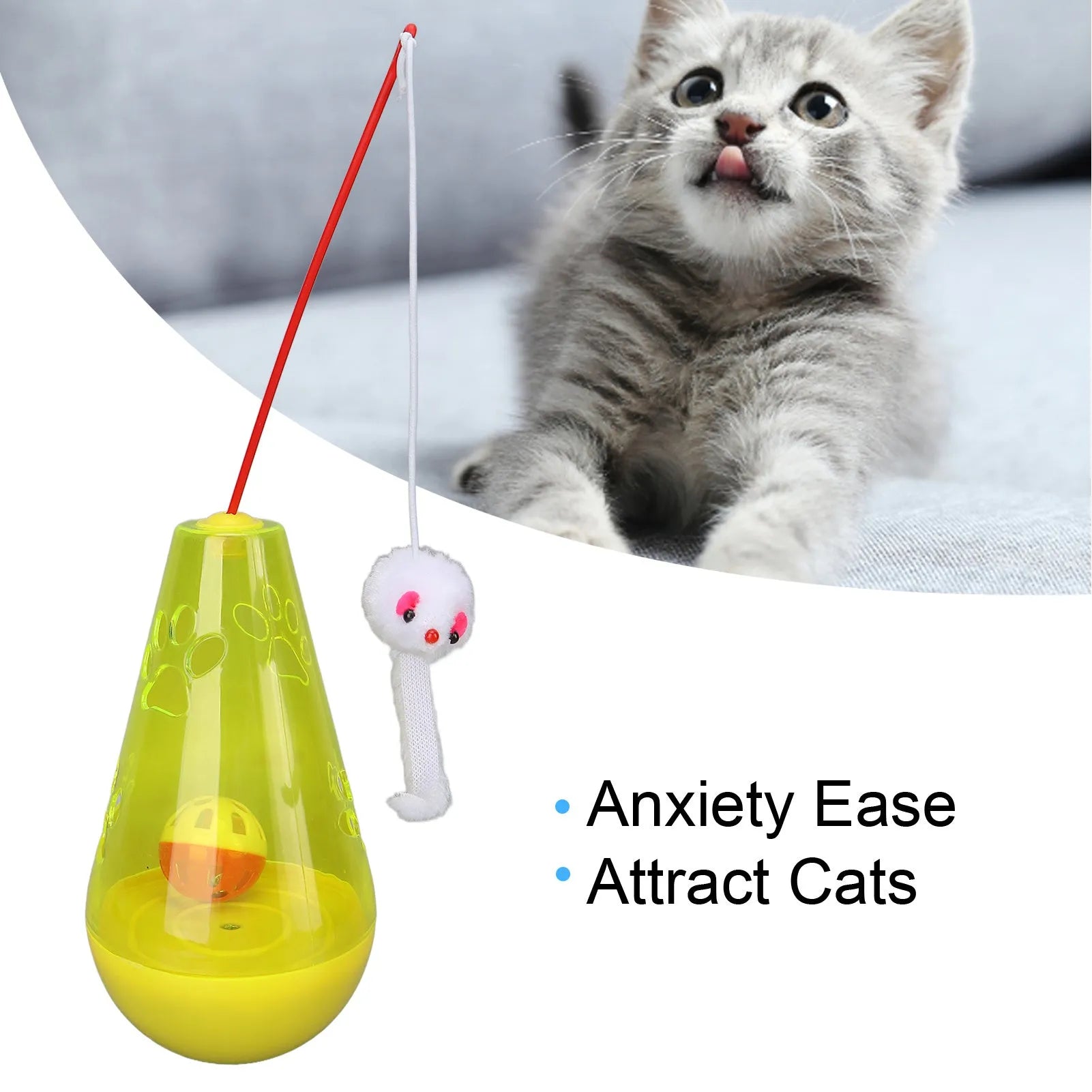 Interactive cat toy with bell ball and plush mouse stick on blue background
