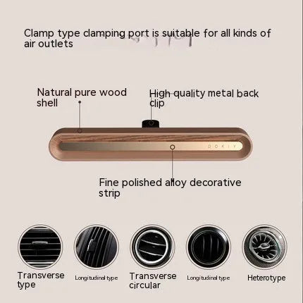 Long strip car aromatherapy ornament in walnut colour mounted on a car air vent