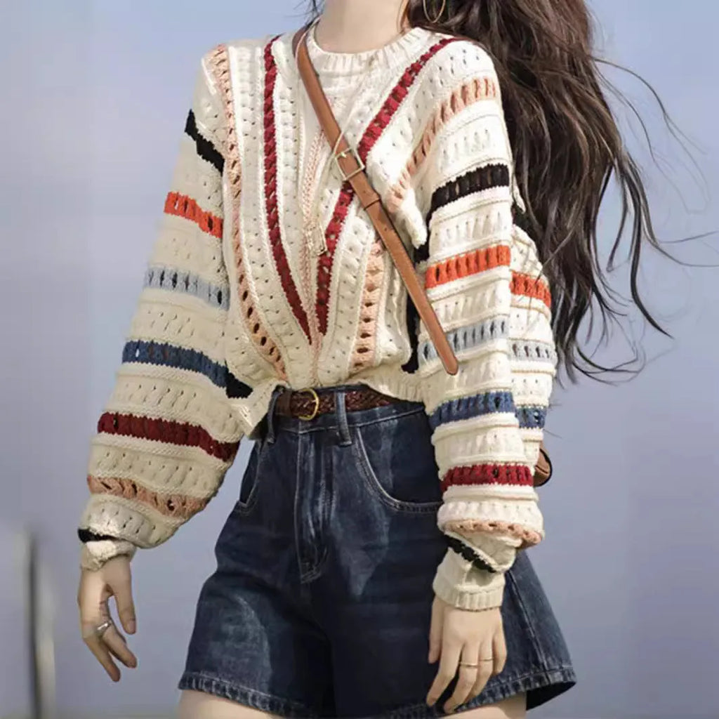 Rainbow striped pullover sweater with batwing sleeves and hollow knit texture