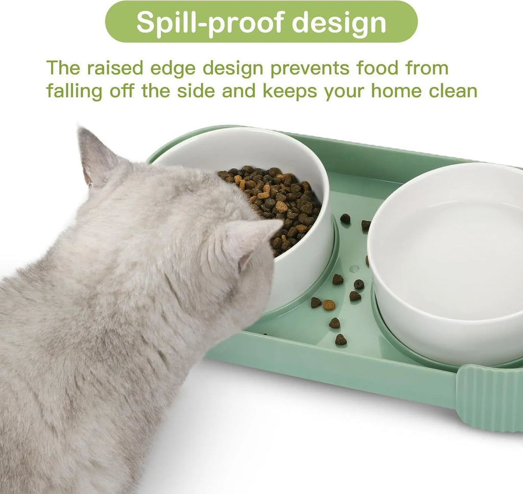 Ceramic elevated cat bowls with 15° tilted stand in green, white, or yellow, showing non-slip base and detachable bowls