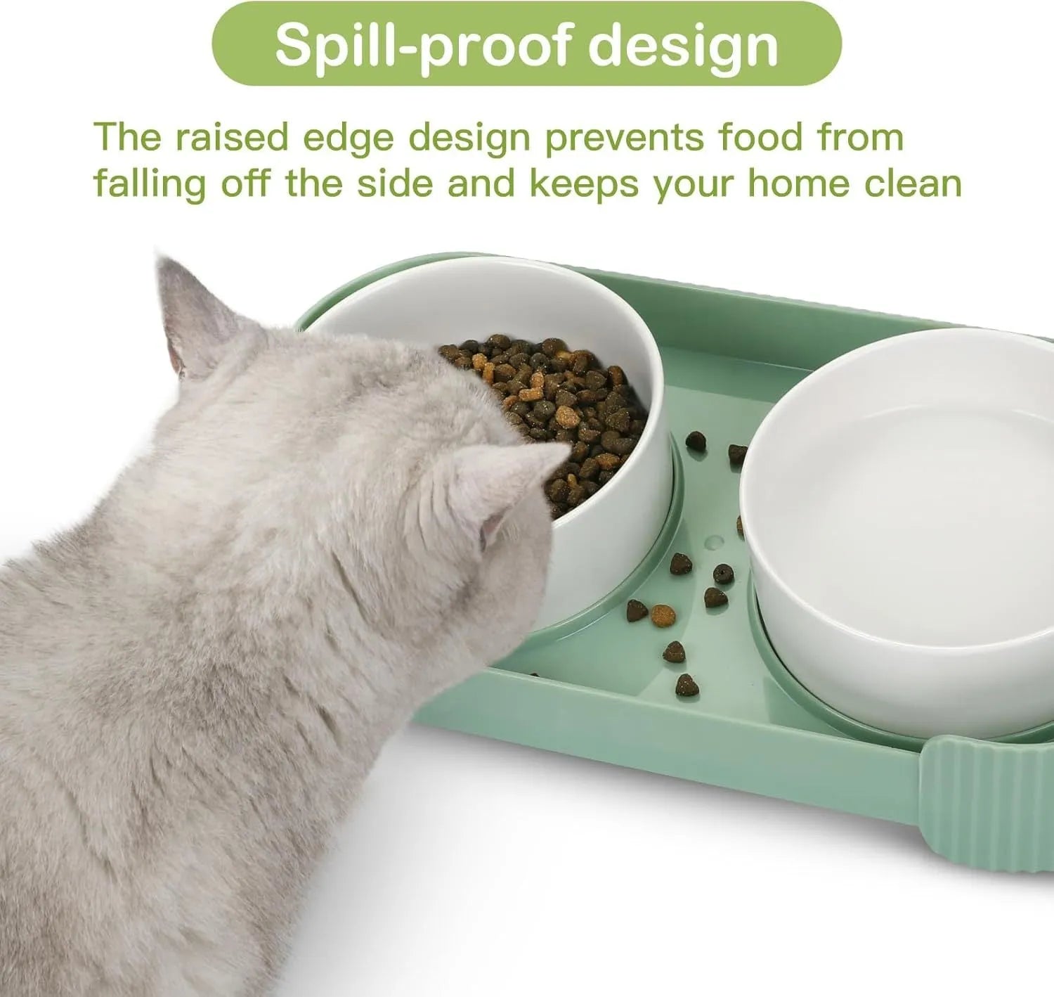 Ceramic elevated cat bowls with 15° tilted stand in green, white, or yellow, showing non-slip base and detachable bowls