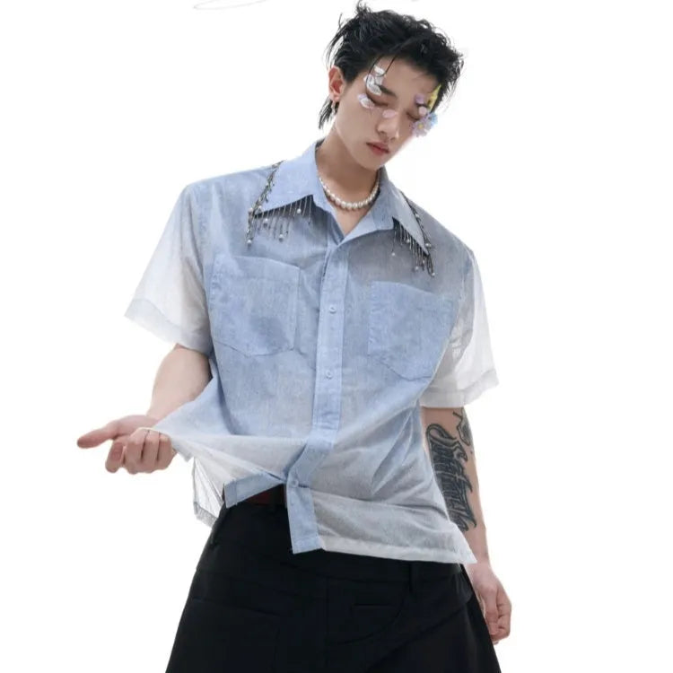 Blue to white gradient short-sleeved shirt with loose fit and half sleeves for summer wear