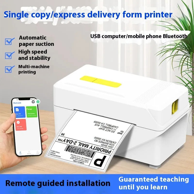 FlashLabel thermal label printer with USB cable, showing 3-inch and 4-inch label options for express orders