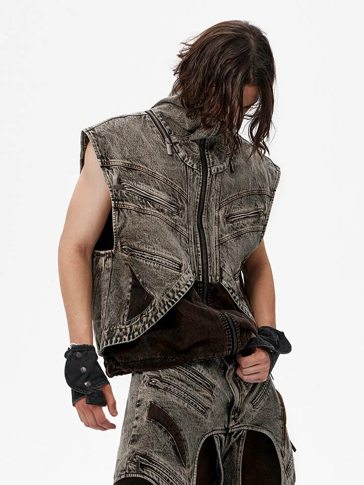 Men's sleeveless splicing denim vest jacket with front zipper