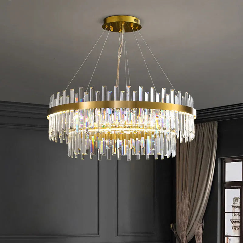Stainless steel crystal chandelier ceiling light with adjustable height and three-colour LED lighting