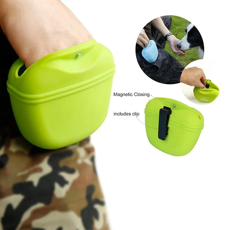 Silicone dog treat bag with magnetic closure measuring 12.5cm long, shown attached to belt with treats visible inside