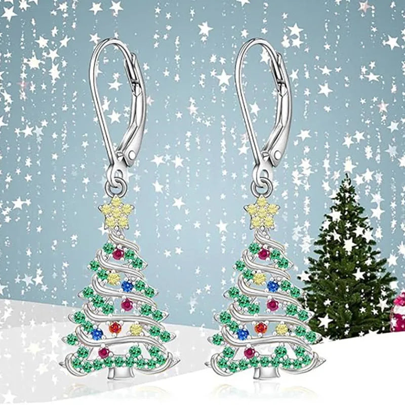 Women's Christmas tree earring pendants in white gold colour with star shape and natural style