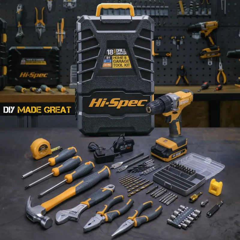 82-piece chrome-vanadium steel tool combo set in grey-yellow, 39.5cm case for furniture installation