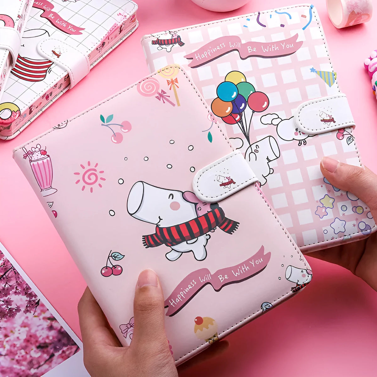 Kaba Bear small A6 notebook with magnetic closure showing hippo and heart designs