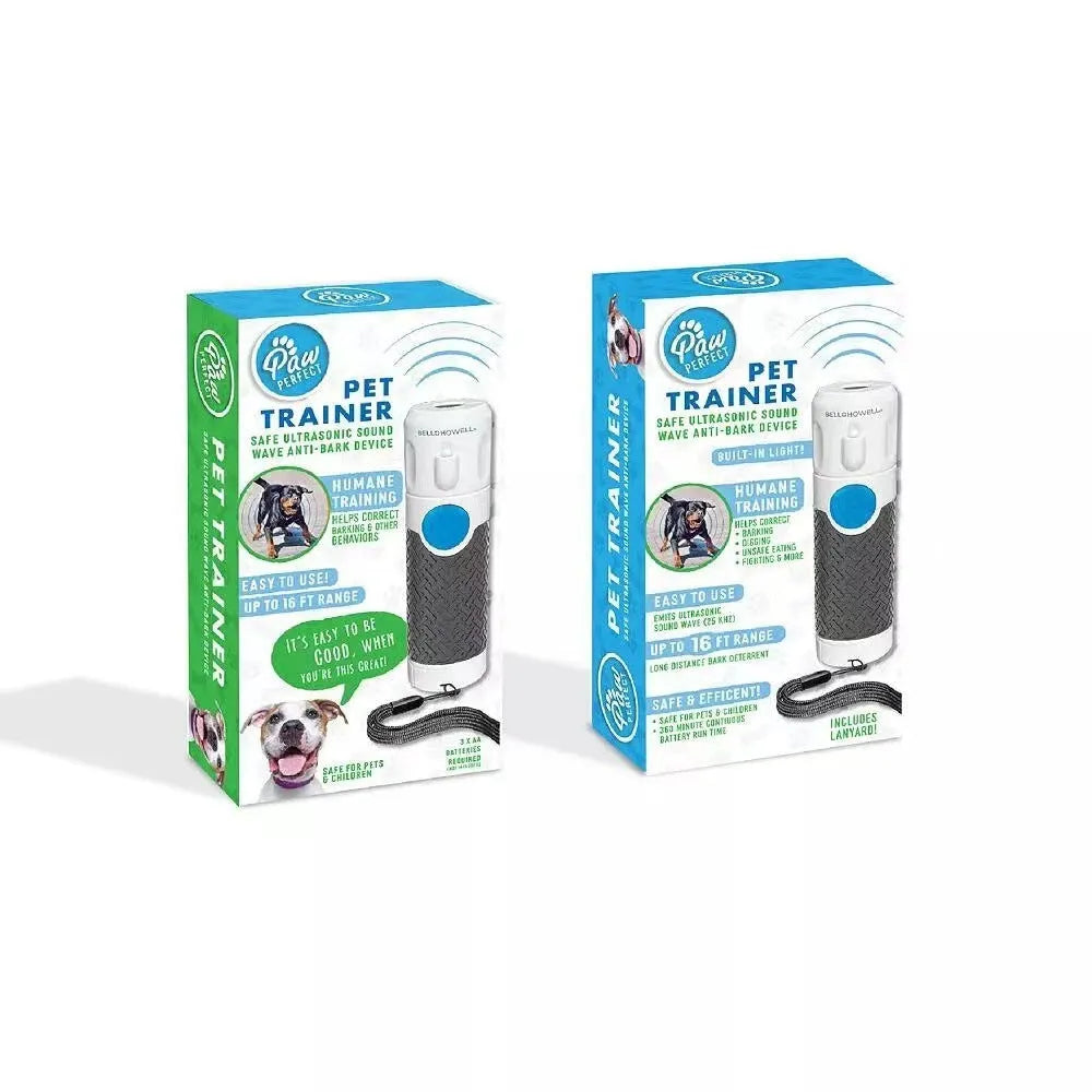White ABS plastic ultrasonic dog trainer handheld device for bark control with textured grip surfaces