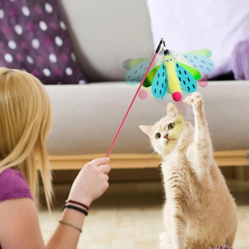 49cm cat wand toy with colourful dragonfly attachment and small bell for indoor cat play