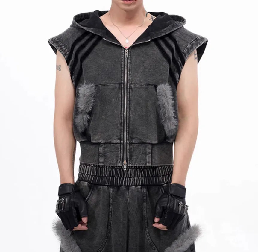 Korean style hooded sleeveless tank top and matching trousers set in black and grey colours