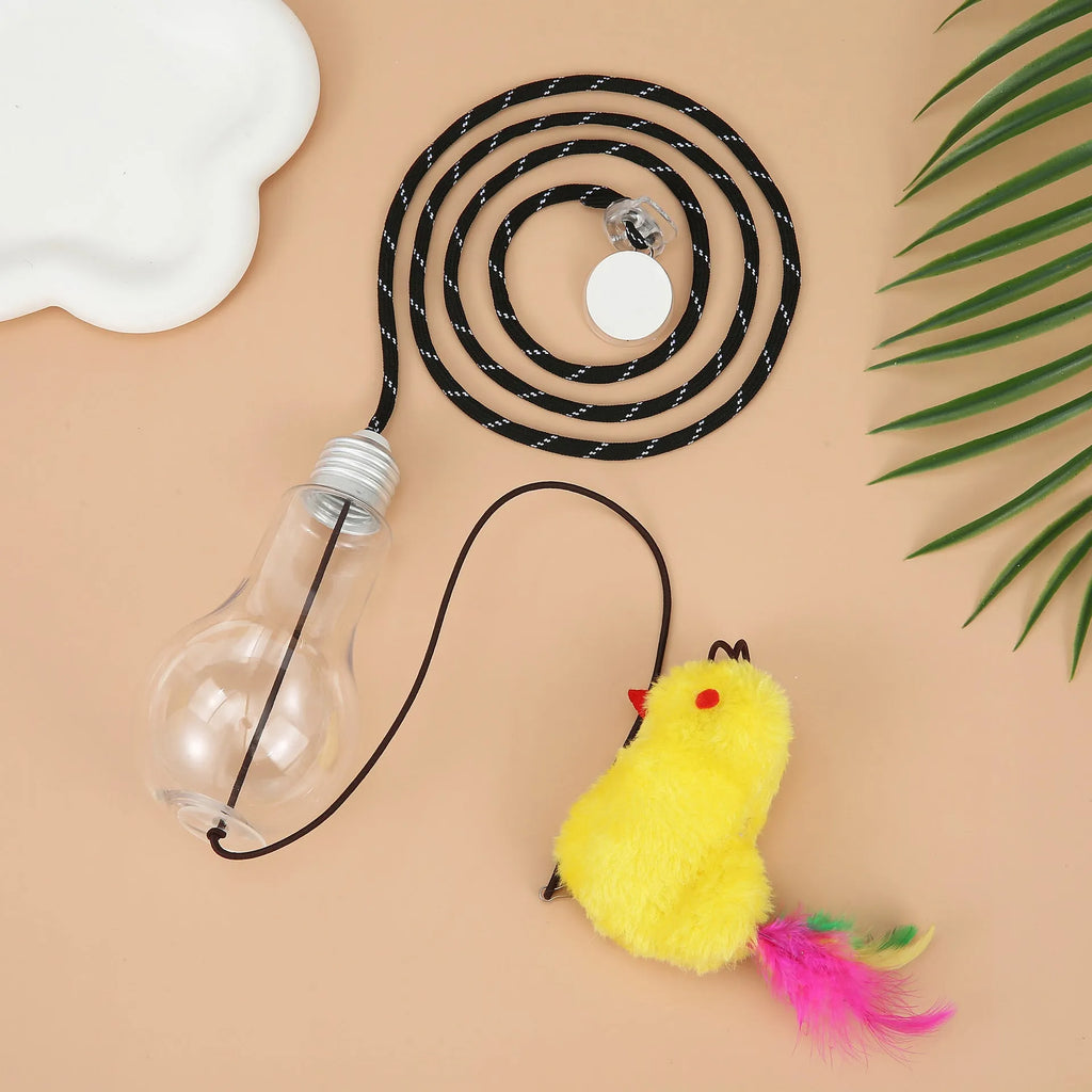 Interactive hanging cat toy with retractable elastic rope and treat reward bulb mounted on door frame