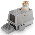 Large grey stainless steel cat toilet with pedal-operated lid, enclosed design