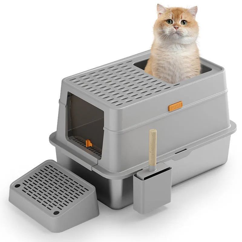 Large grey stainless steel cat toilet with pedal-operated lid, enclosed design