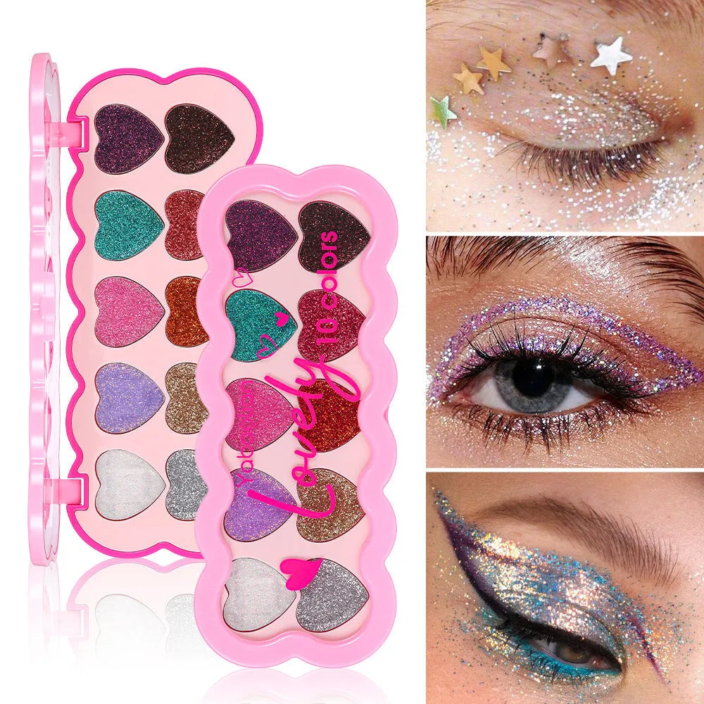Pearlescent heart-shaped eye shadow palette with ten colours including sequins for punk and festival make-up.