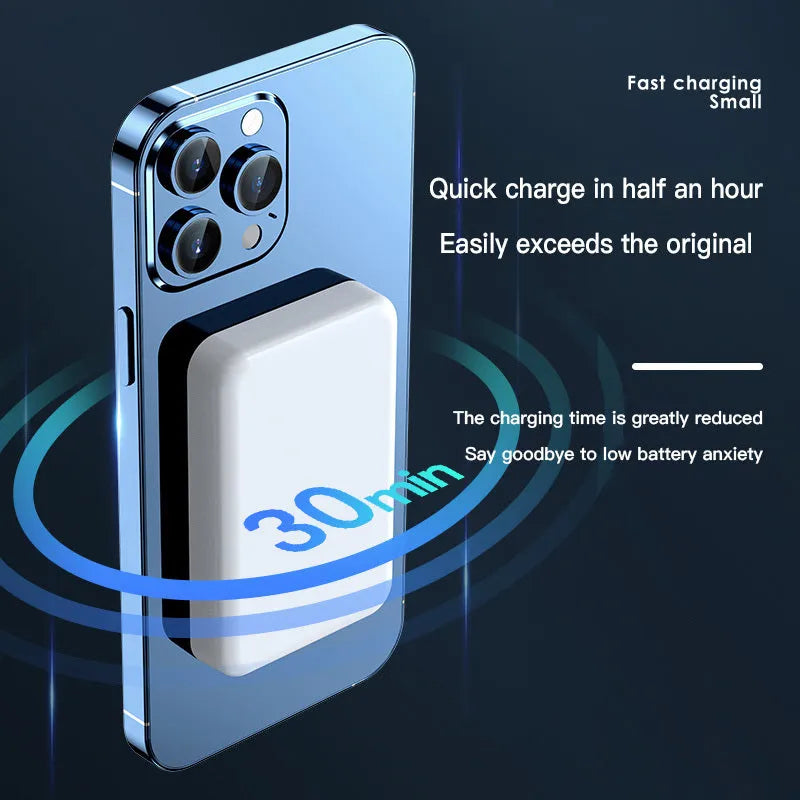 Pink magnetic wireless power bank showing 20000mAh capacity and compact 100x64x18mm dimensions