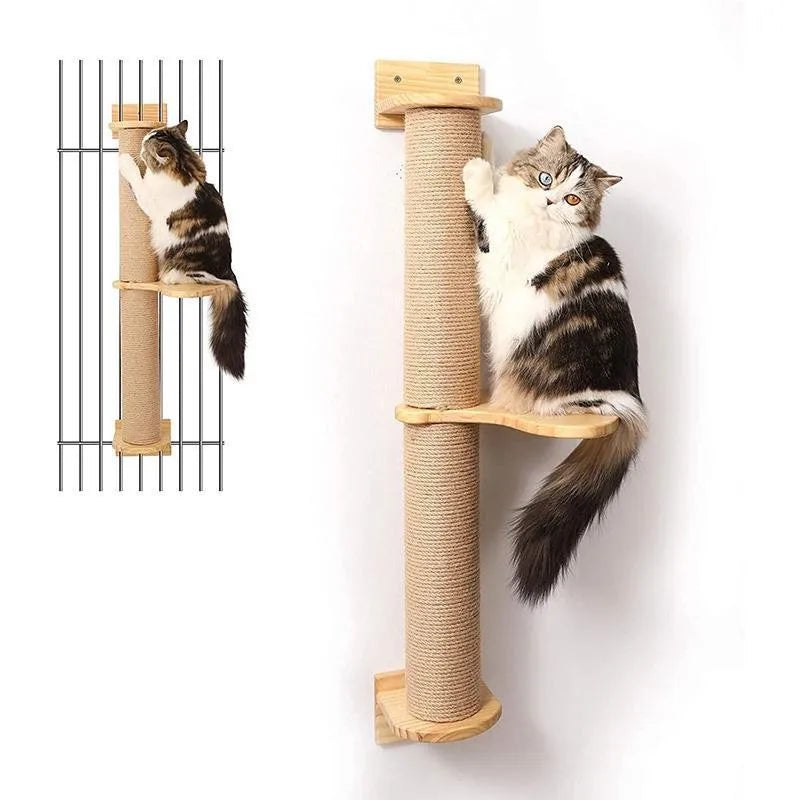 Wooden wall-mounted cat climbing frame with khaki sisal rope scratching surface