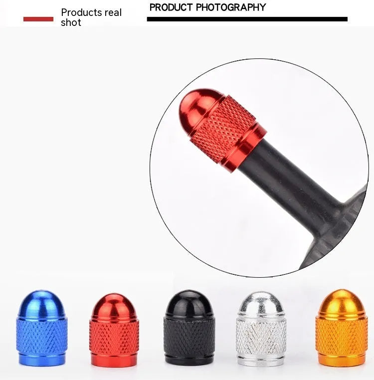 Aluminium alloy mountain bike tyre valve cap in silver, red, blue, black, and gold colours