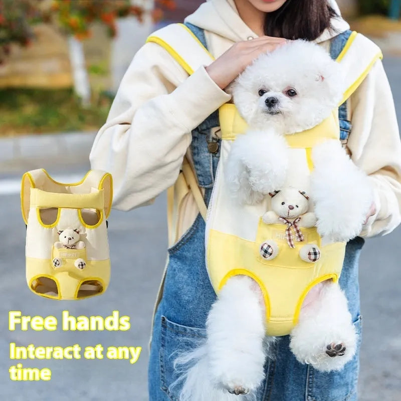 Cartoon cute chest bag portable pet carrier with animal pattern and colourful stitching on soft canvas material