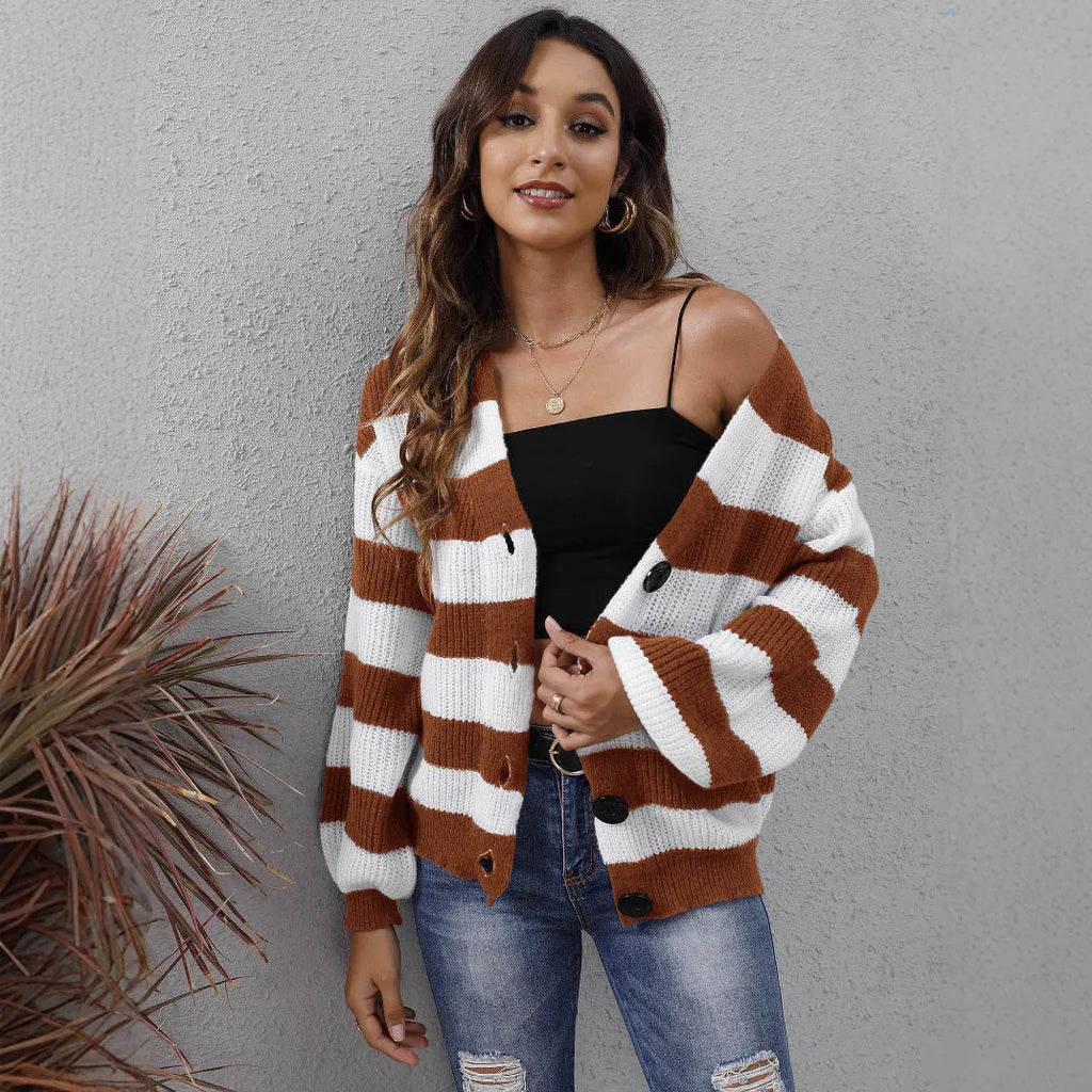 Women's striped cardigan sweater in deer plush fabric with button stitching, available in multiple colours and sizes.