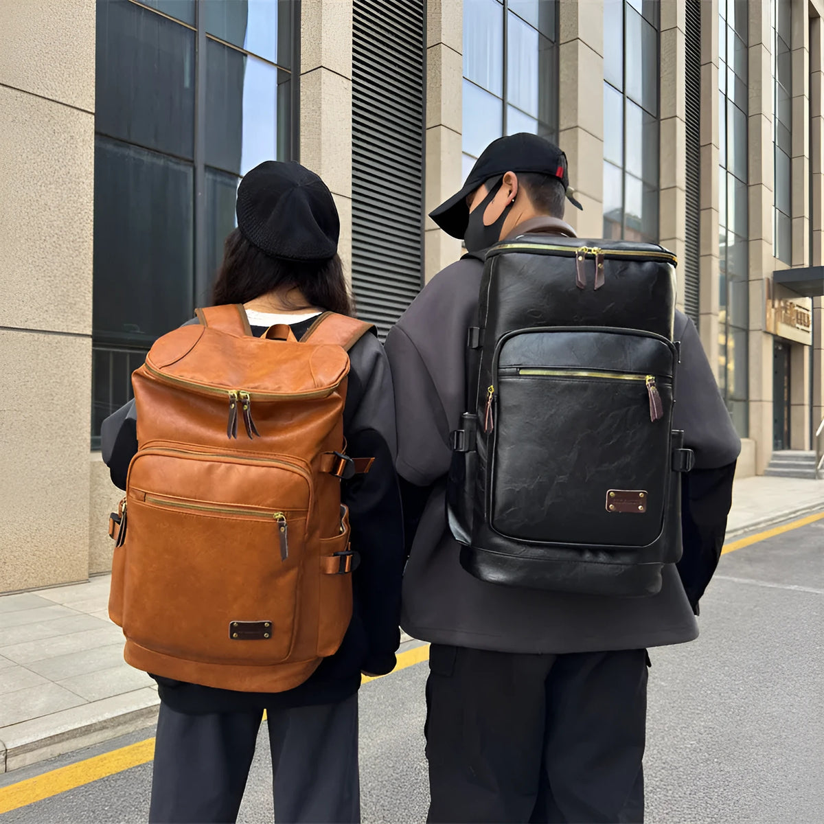 PU travel luggage bag 30x20x48cm, 20-35L capacity, curved shoulder strap, coffee black khaki