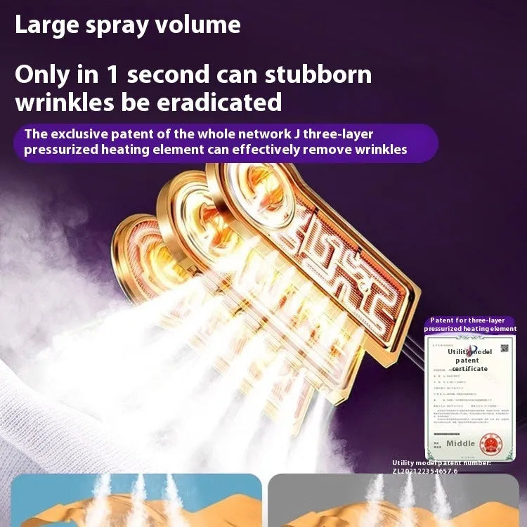 Handheld garment steamer showing its nozzle, controls, and plastic clip on a white background.