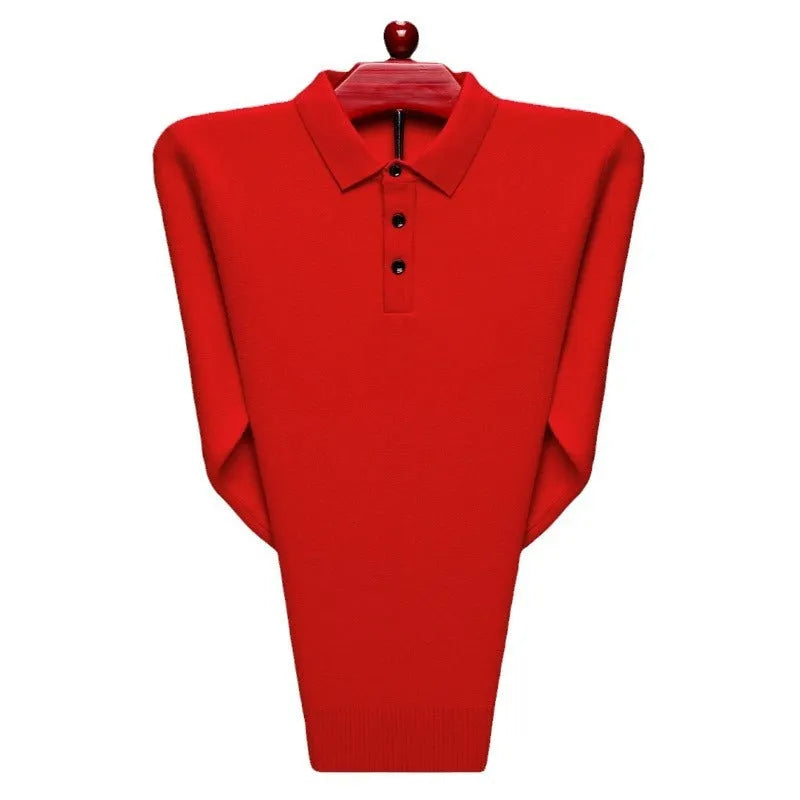 Thickened polo collar knitwear sweater in loose pullover style, blended polyester, shown for middle-aged and elderly leisure wear.