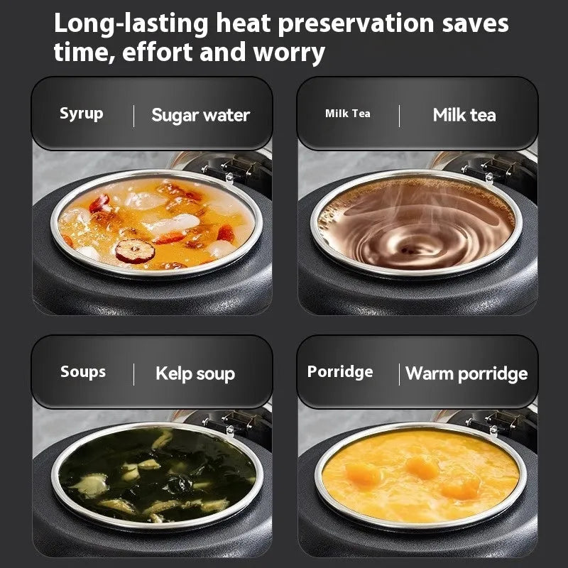 Black stainless steel insulation pot with steel cover, 10-litre capacity for commercial kitchen soup preservation
