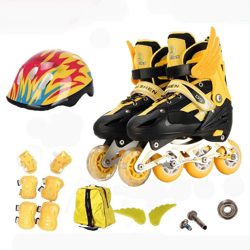 Adjustable children's skating shoes in five colours with aluminium bracket, helmet, and protective gear set