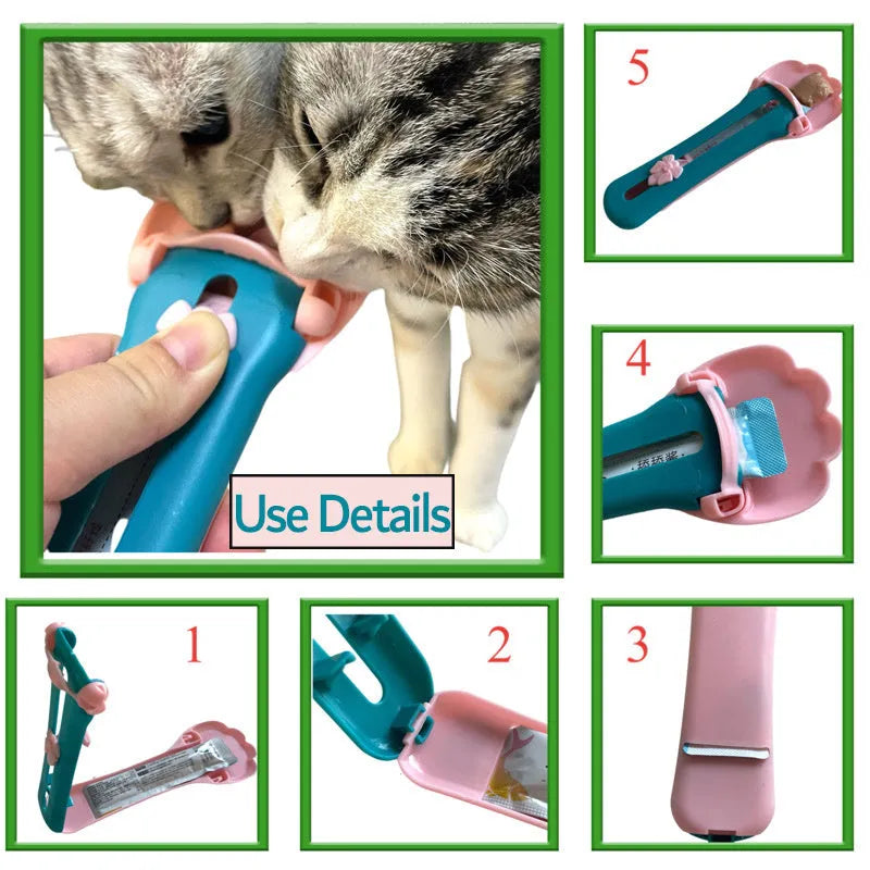 Green and pink pet feed spoon with extrusion design for dispensing cat treats and liquid food