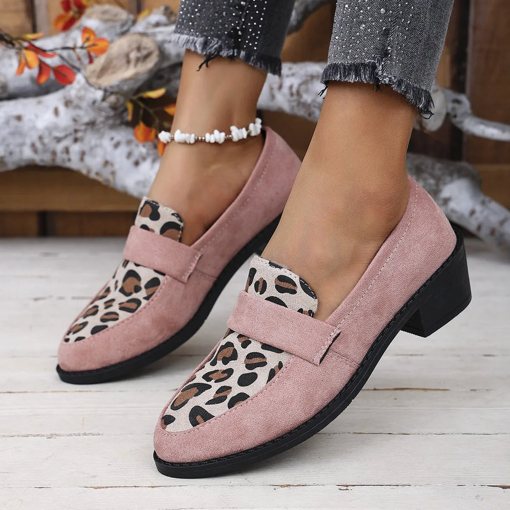 Leopard print suede slip-on shoe with chunky heel and pointed toe in brown colour
