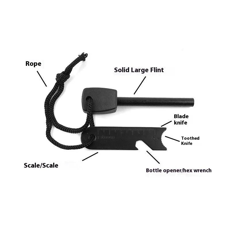 Black multifunctional outdoor survival flint with magnesium rod and stainless steel scraper showing six tool functions