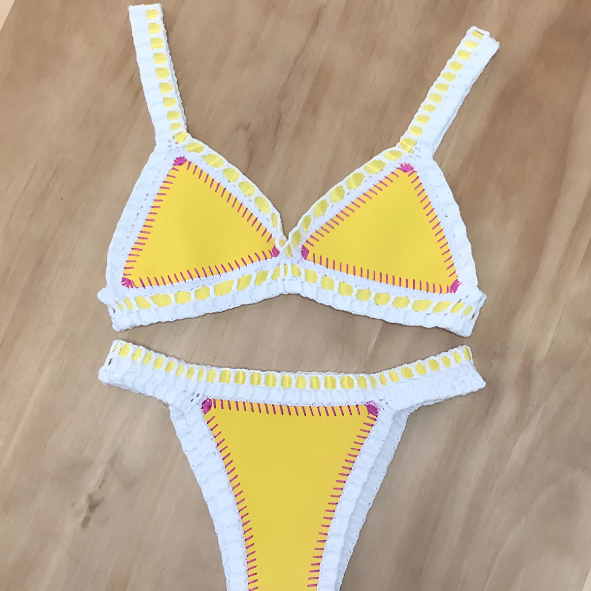 Women's stretch split bikini set with hook and eye closure, nylon fabric, yellow or blue, sizes S M L