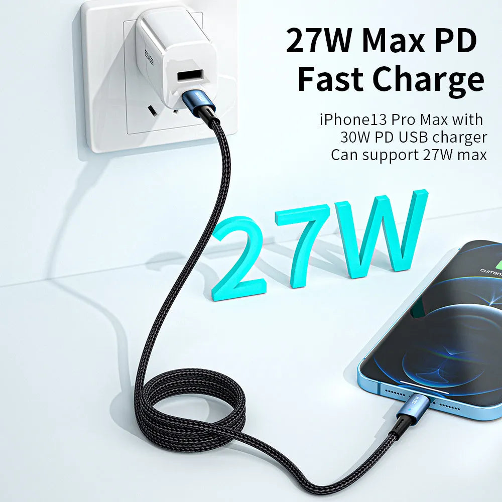 USB-C fast charging cable with aluminium housing and indicator light, shown in black, blue, and coffee colours.