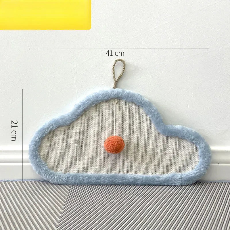 White cat scratching mat with sleeping cat design, natural sisal surface, wall mounted, 41cm by 21cm
