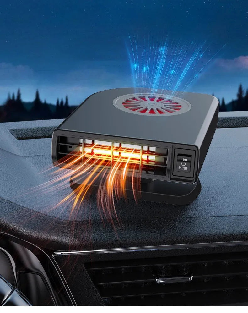 Black vehicle-mounted heater measuring 11x6.5x14cm with 360-degree rotation mount for windscreen defrosting
