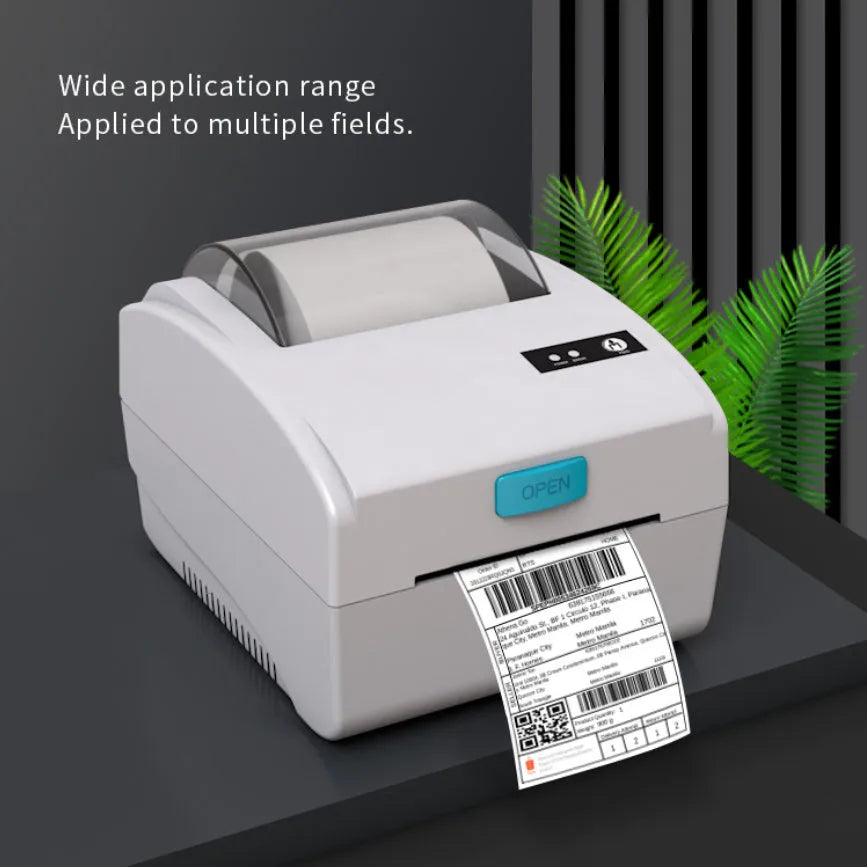 Heat-sensitive label printer with compact design, USB and Bluetooth ports, 200x160x139.5mm dimensions
